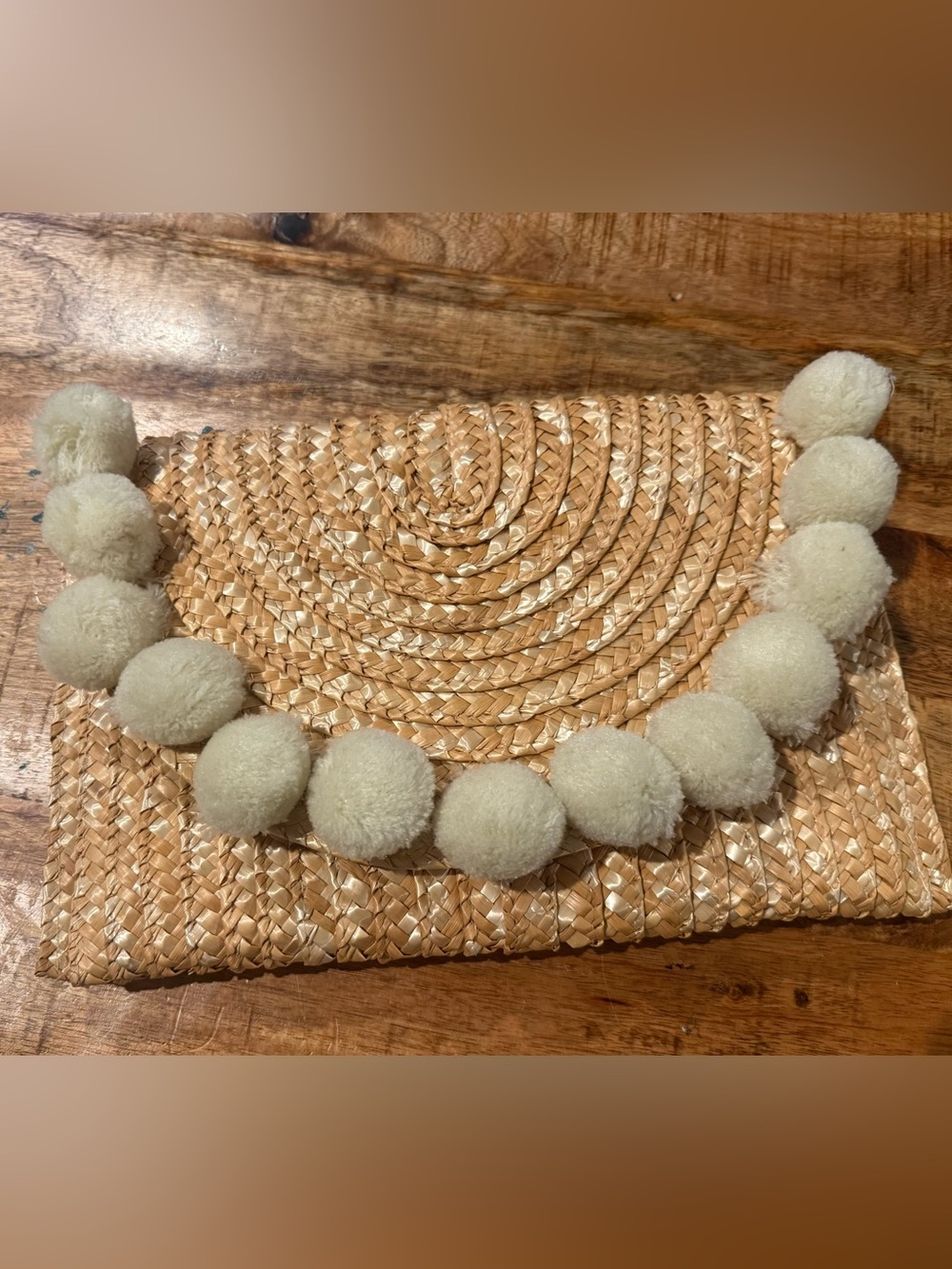 Shiraleah Natural Gold Woven Straw Ivory Pom Pom Clutch Boho